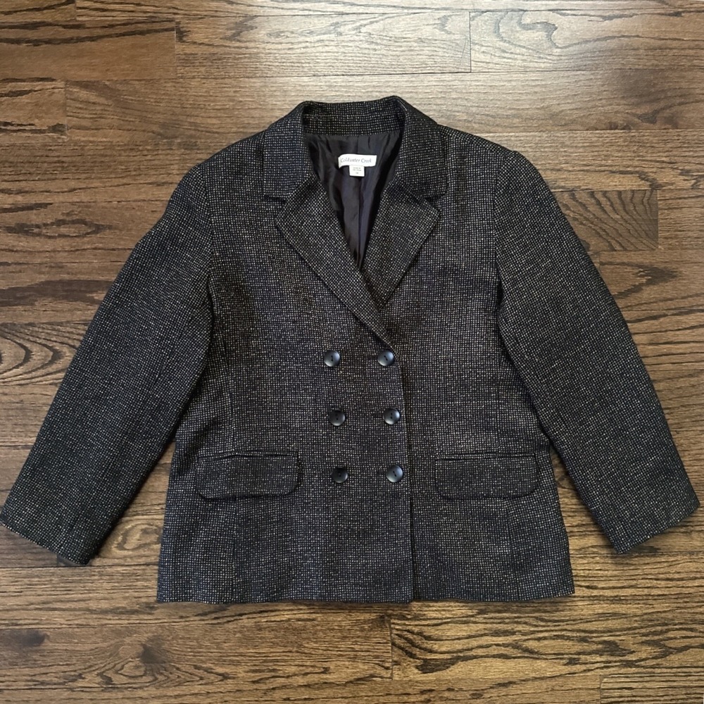 Coldwater Creek Blazer Tweed Double Breasted Career Jacket Black Tan Size 14